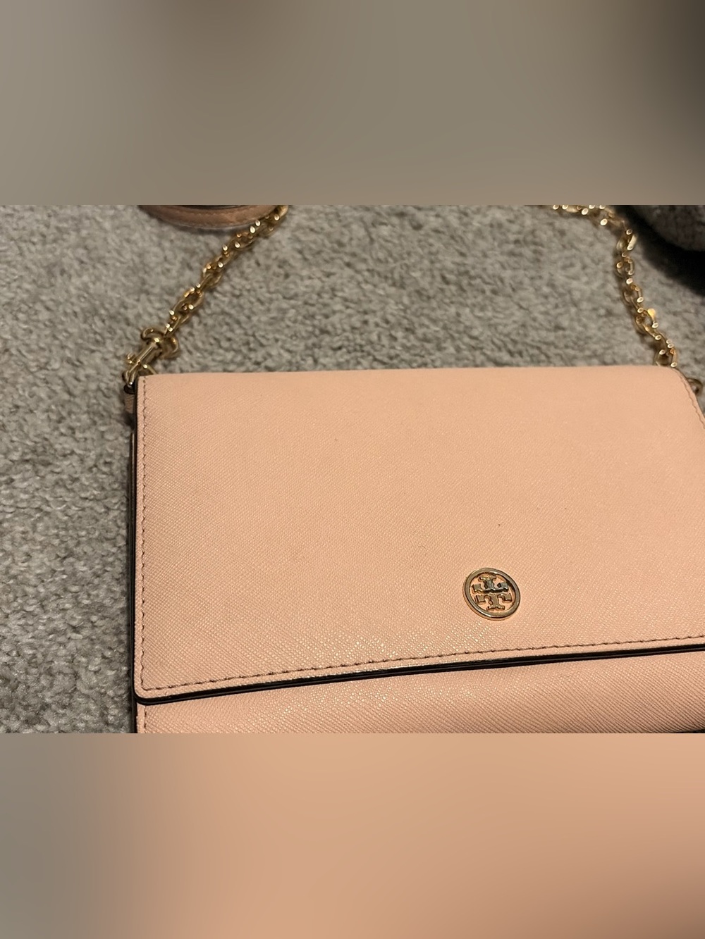 Tory Burch Blush Pink Saffiano Logo Crossbody with Gold Chain